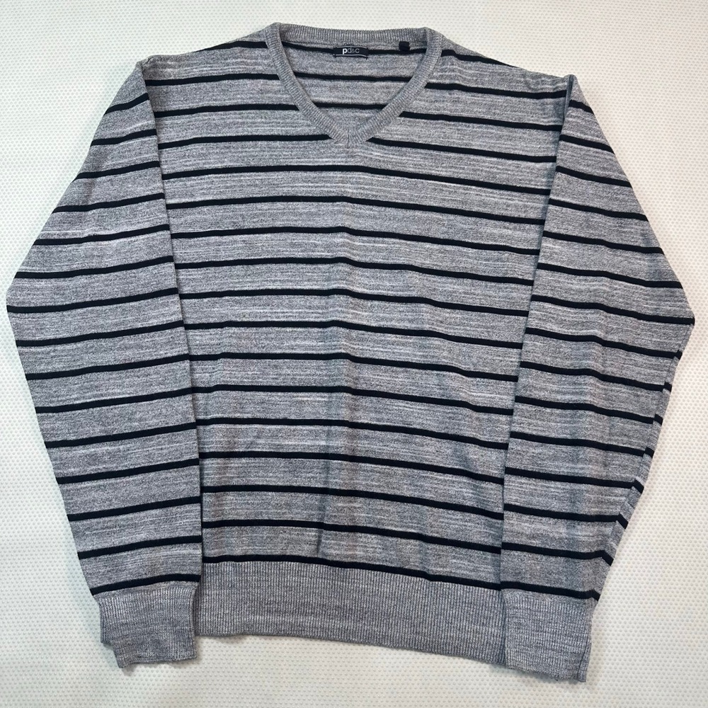 pd&c‎ Striped V-Neck Sweater Mens Medium Grey Black PDA10-BK Excellent